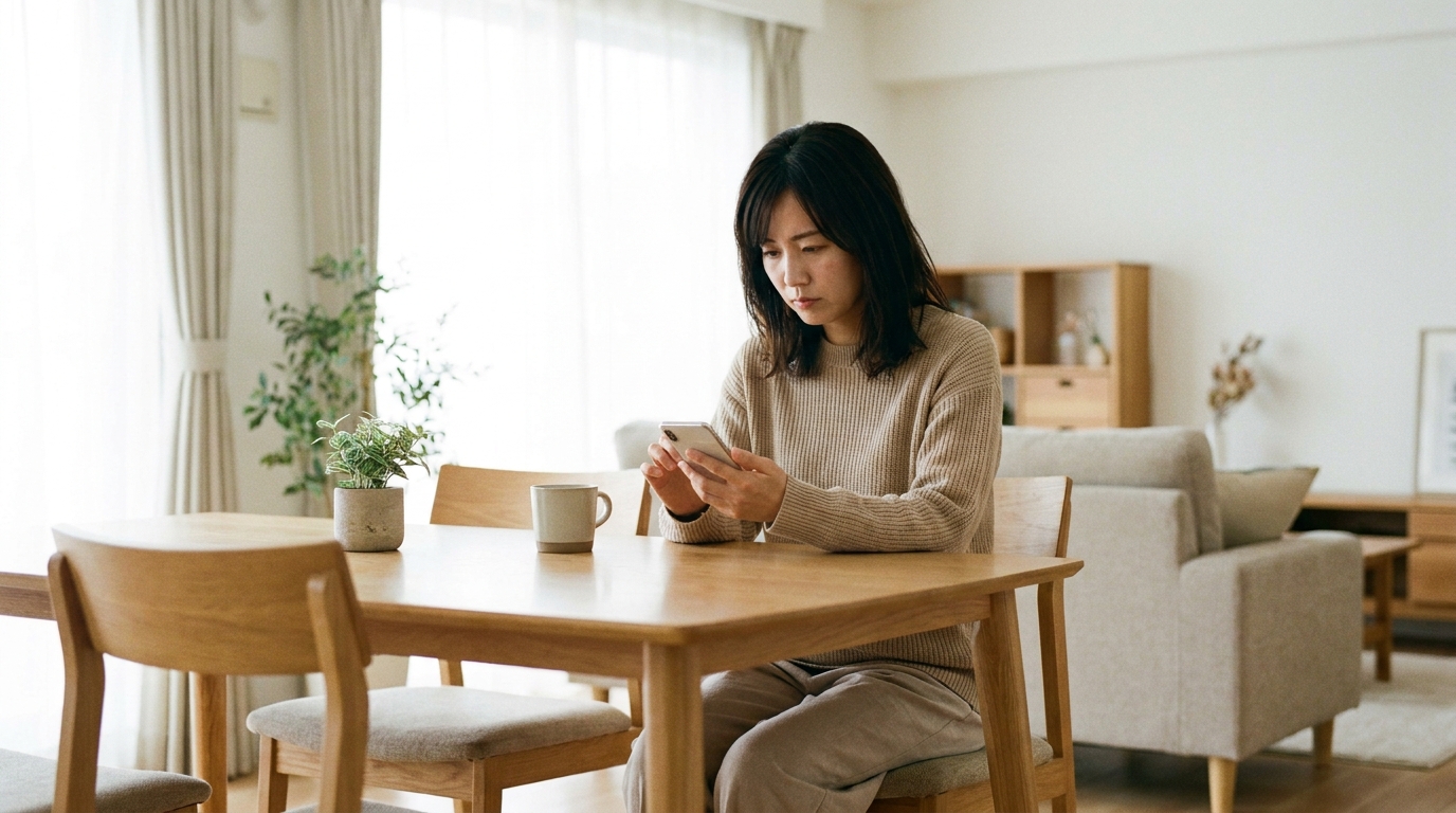 ダイニングでスマートフォンに予約画面のクーポンコードを入力する女性