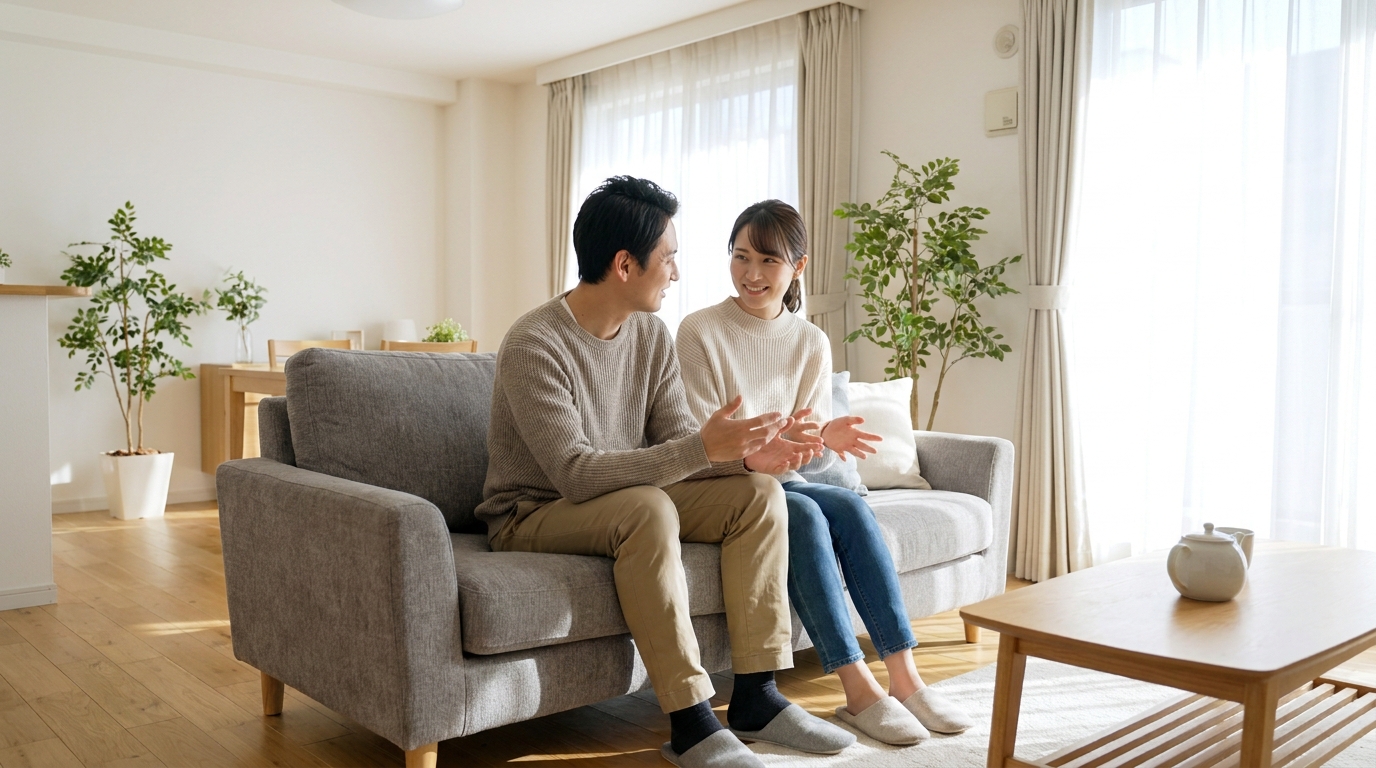 リビングのソファで穏やかに会話する夫婦