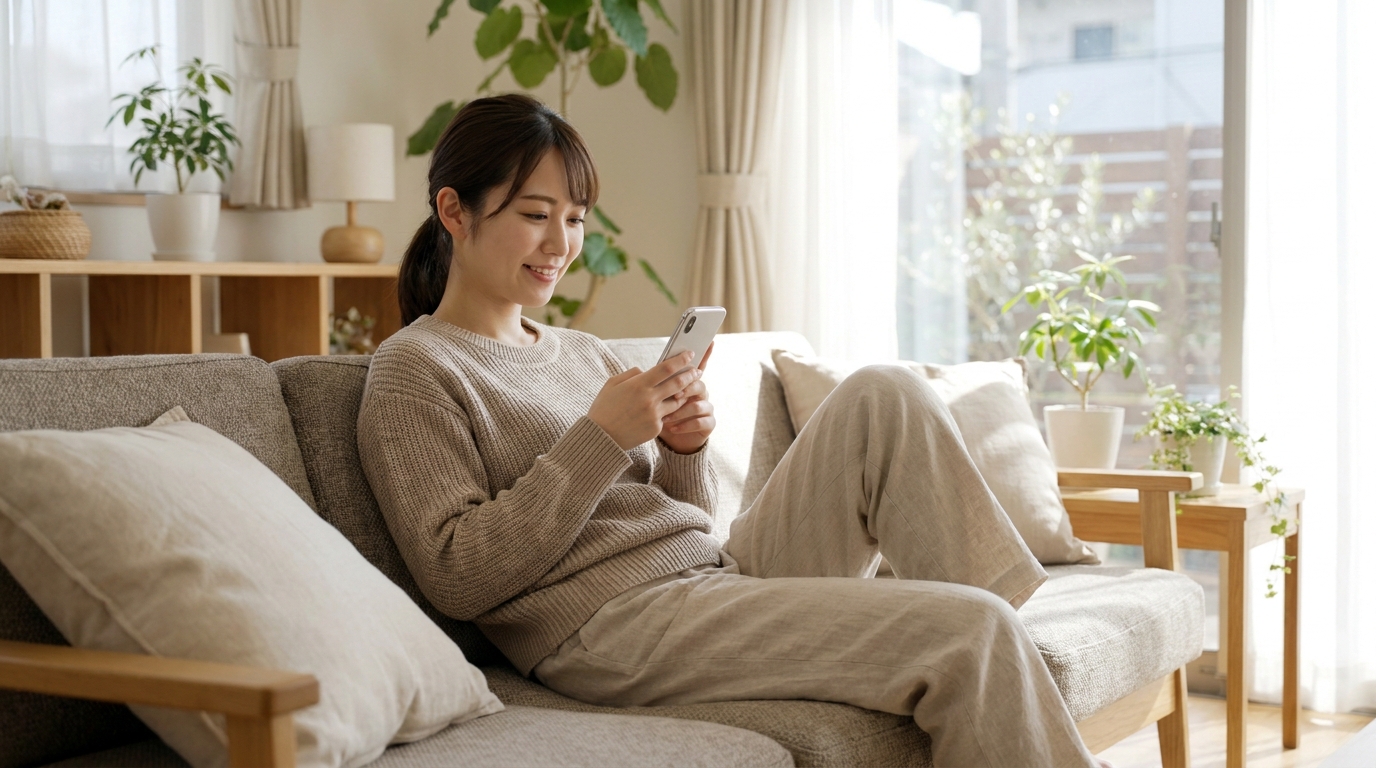 ソファでスマートフォンを見てLINEのクーポンを受け取る女性