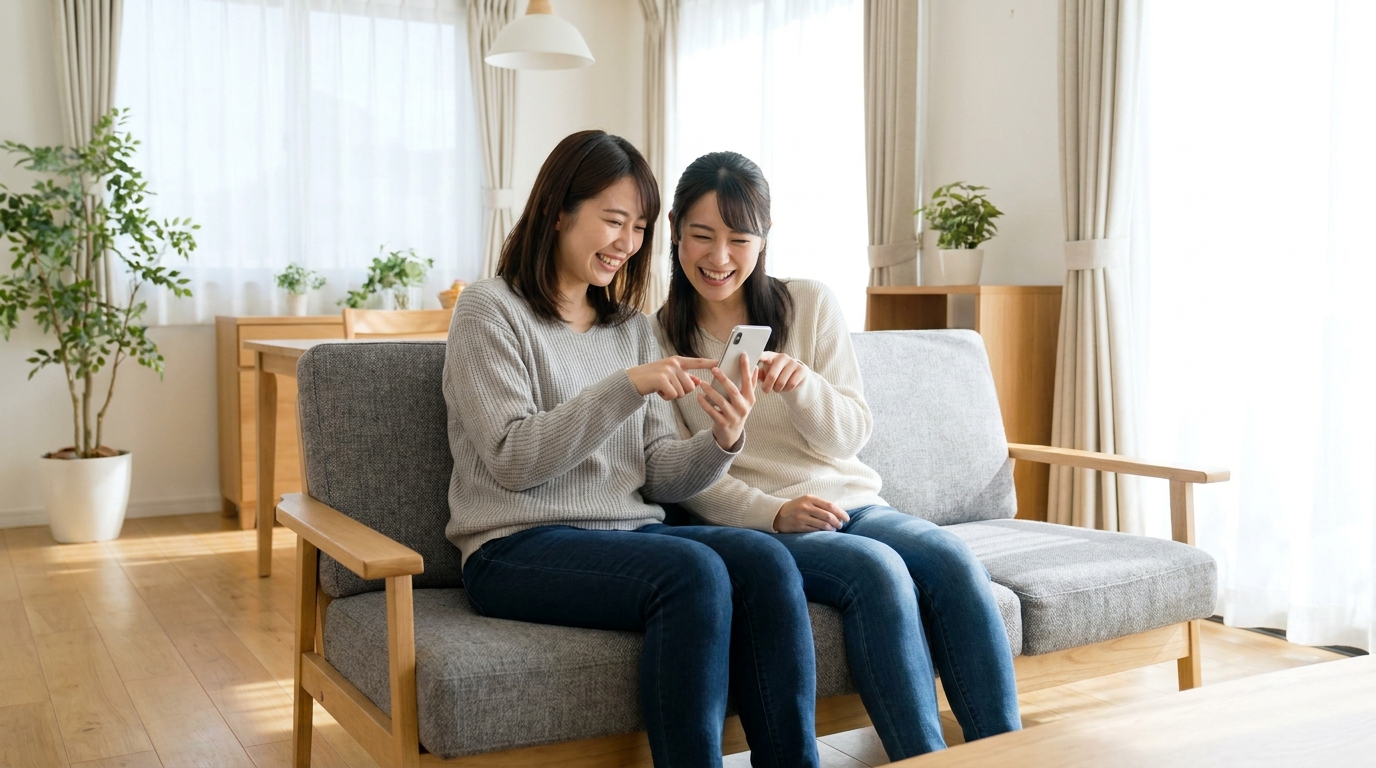 ソファで友人とスマートフォンを見て友達紹介を確認する女性たち