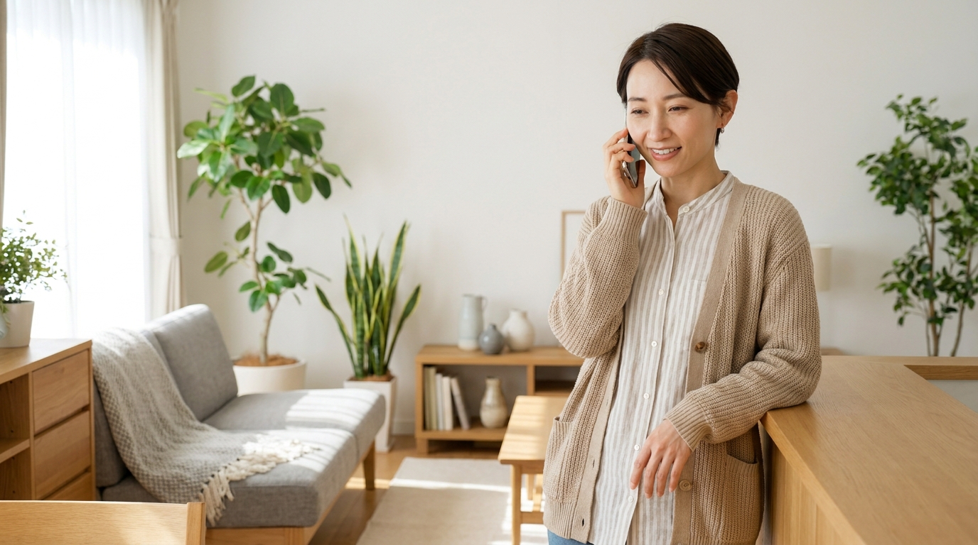 スマホで落ち着いて解約の連絡をする女性