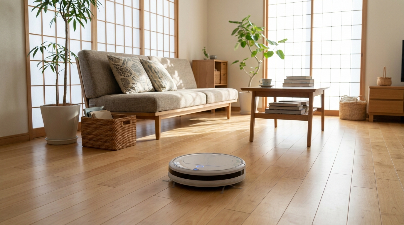 片付いたリビングで稼働するロボット掃除機