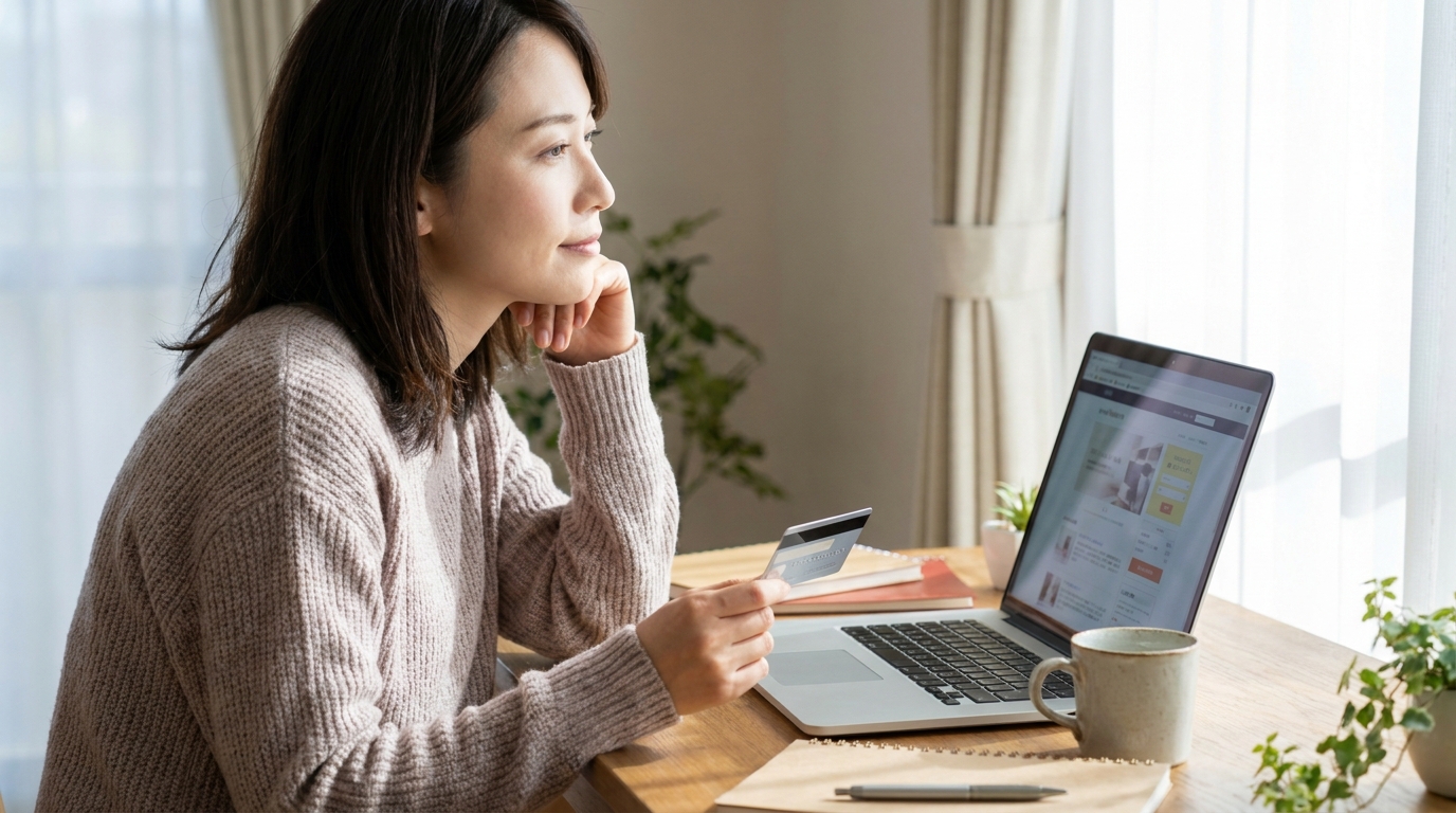 クレジットカードを手に会員優待を確認する女性