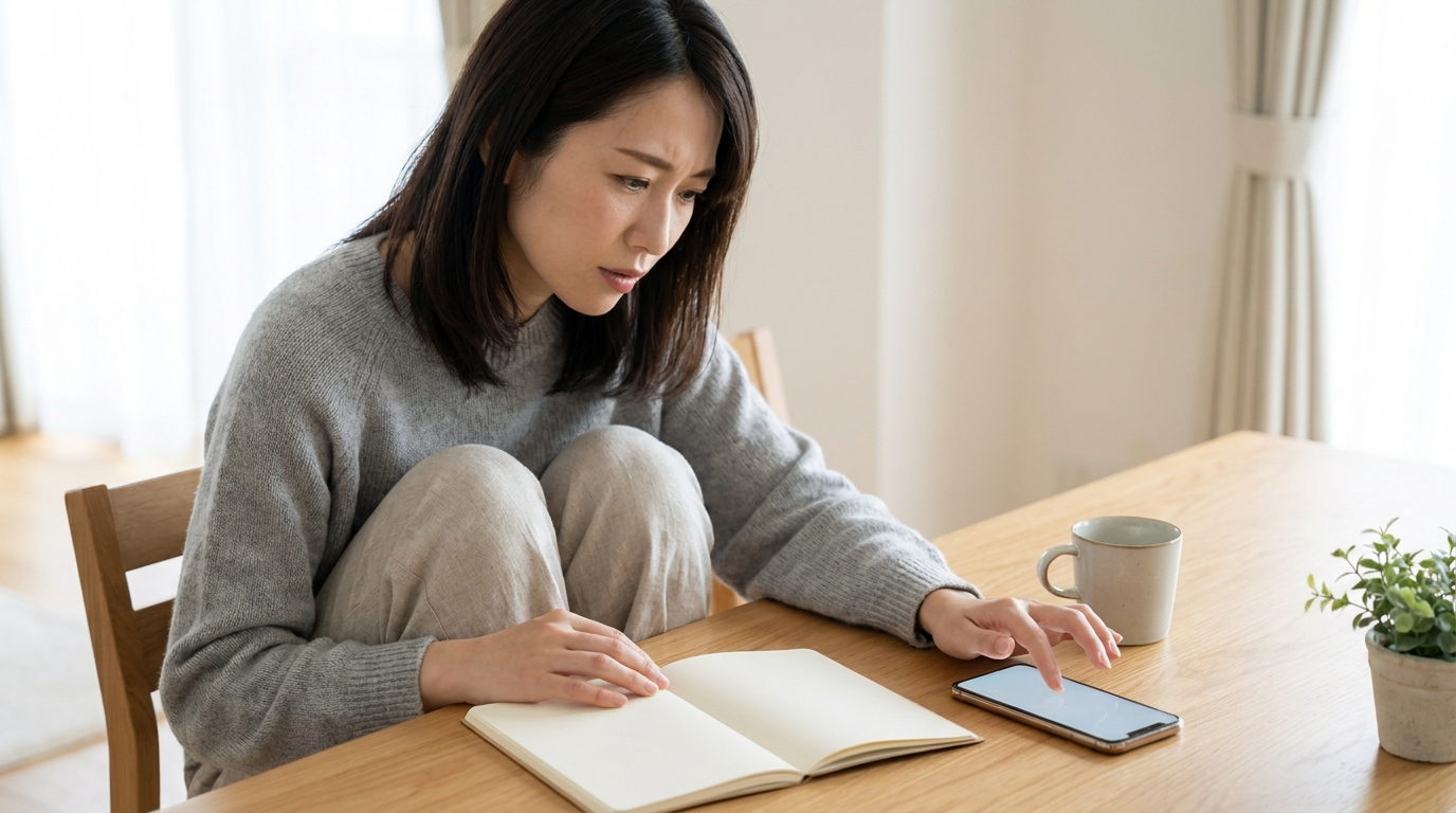 ノートとスマートフォンでクーポンの適用条件を確認する女性
