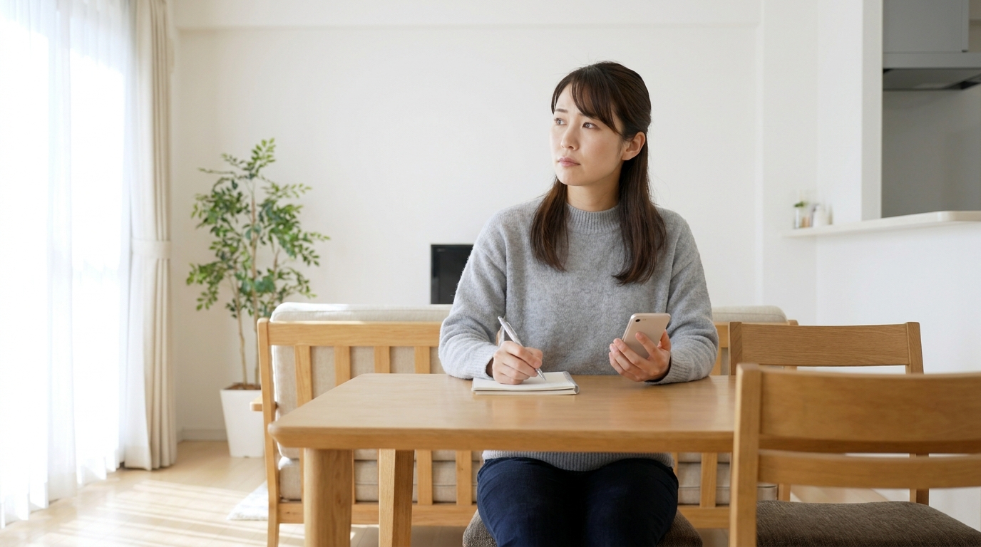 スマホと手帳で家事代行の月々の費用を計算する日本人女性