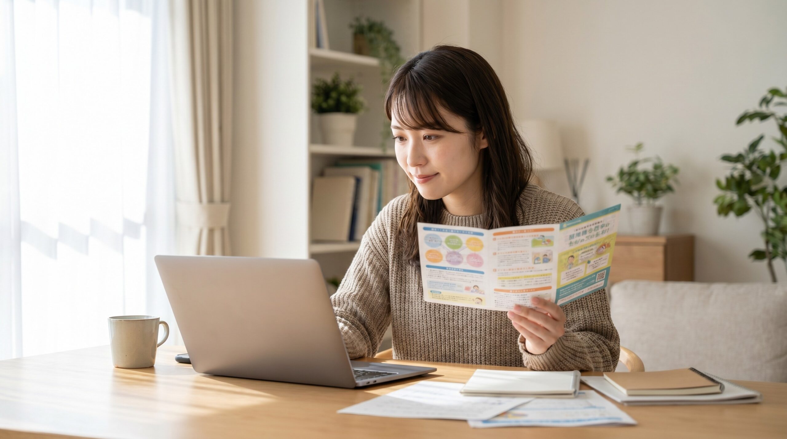 自治体の多胎家庭向け補助をパンフレットで調べる日本人の母親