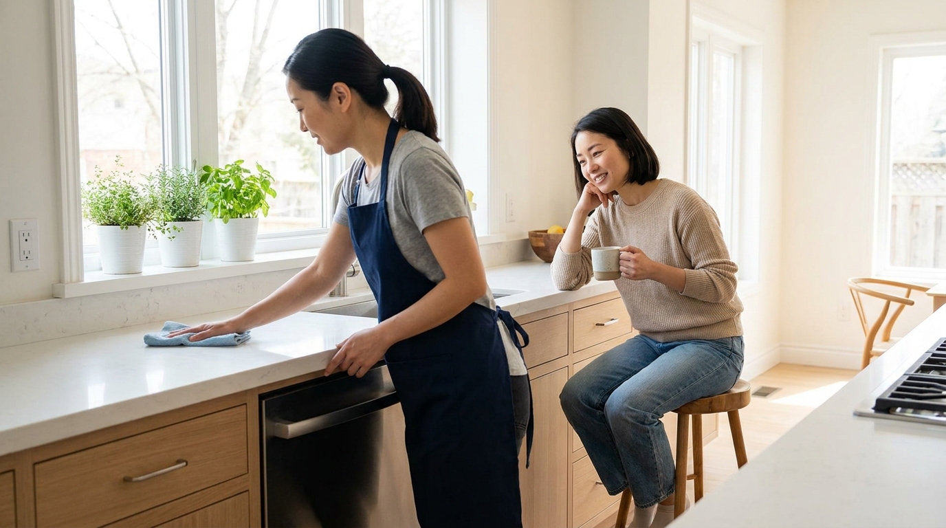 家事代行スタッフに助けてもらい笑顔になる日本人女性