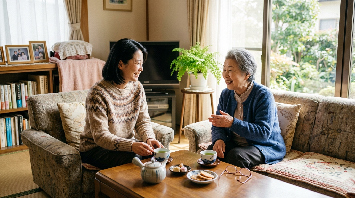 義母世代の女性と笑顔で会話する女性