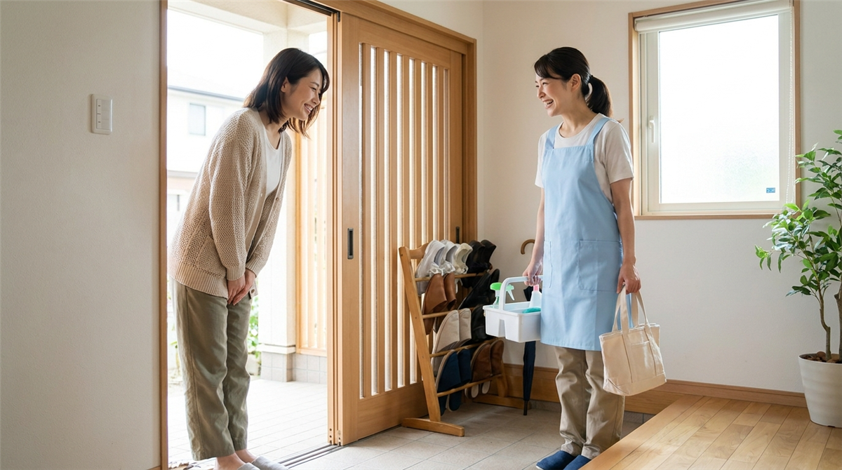 玄関で家事代行スタッフを迎える女性