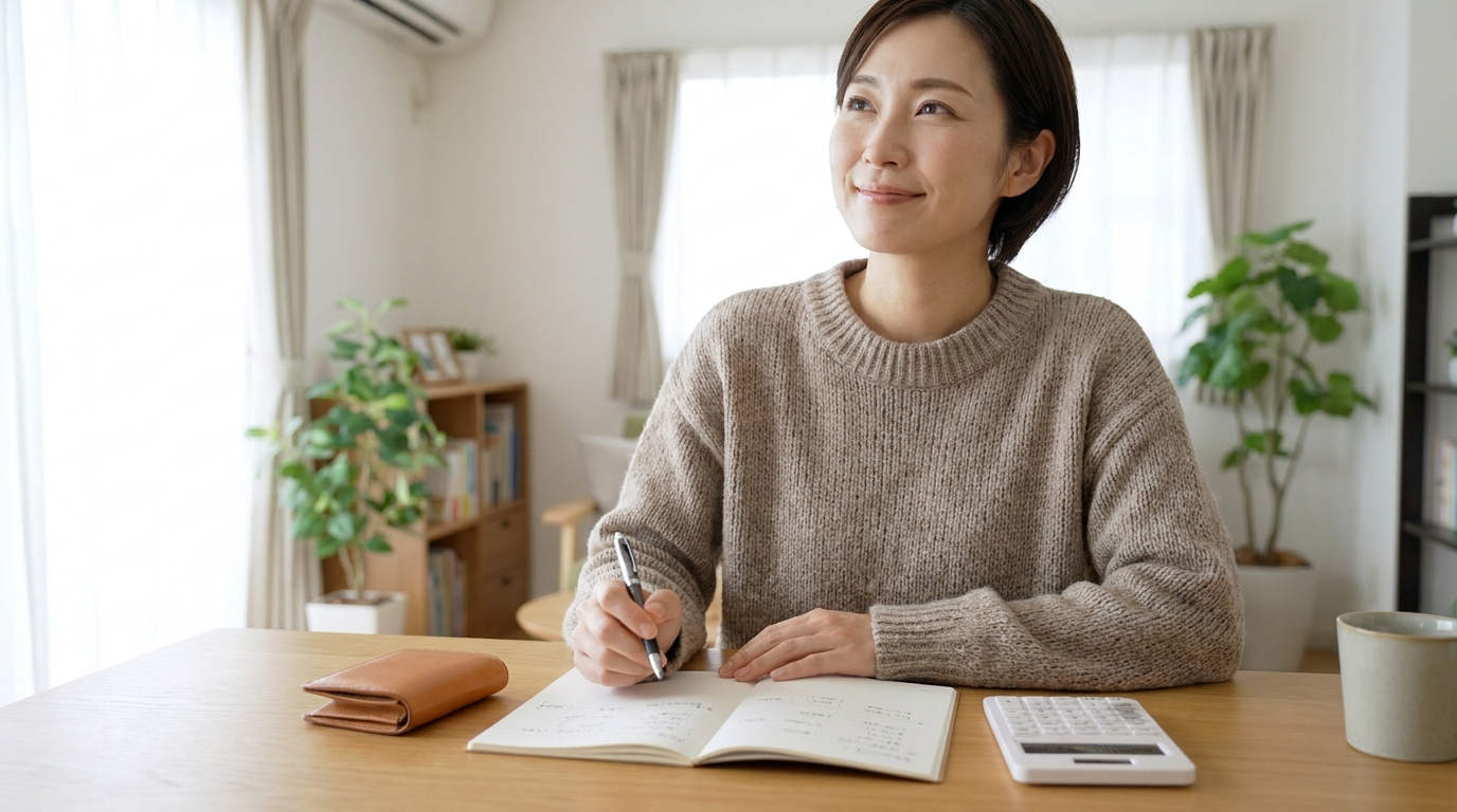 家計簿と電卓で入会金の負担を抑える計画を立てる女性