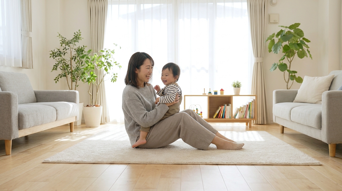 片付いたリビングで子どもと笑顔で過ごす母親