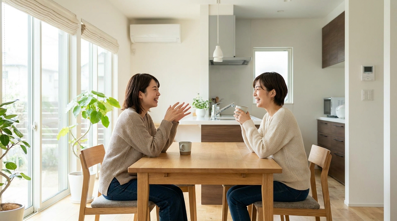 自宅のダイニングで友人とベアーズの紹介について話す女性たち