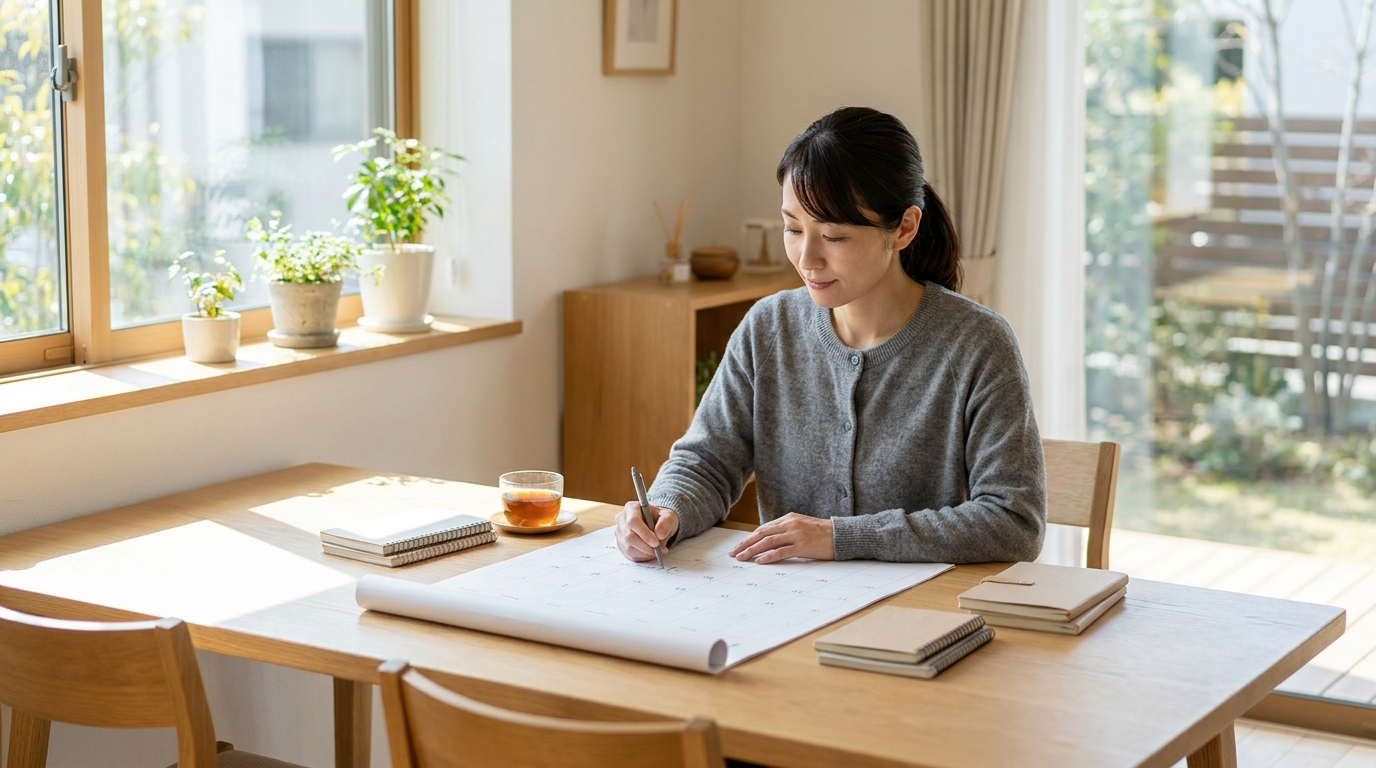 カレンダーで利用予定を立てて回数券の使い方を考える女性