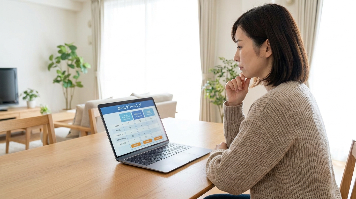 ノートパソコンで家事代行サービスを比較検討する女性