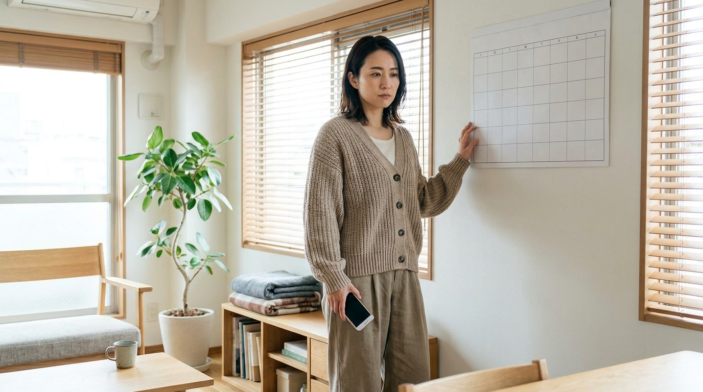 カレンダーを見てサービスの休止予定を考える女性