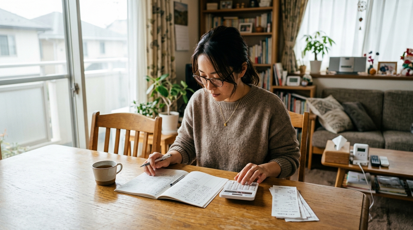 家計簿と電卓で家事代行の費用を見直す日本人女性