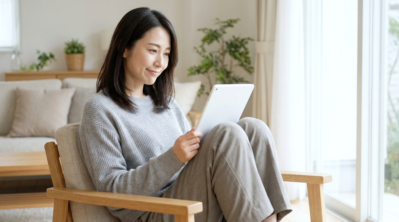 タブレットでタスカジを最安で利用する方法を比較する女性