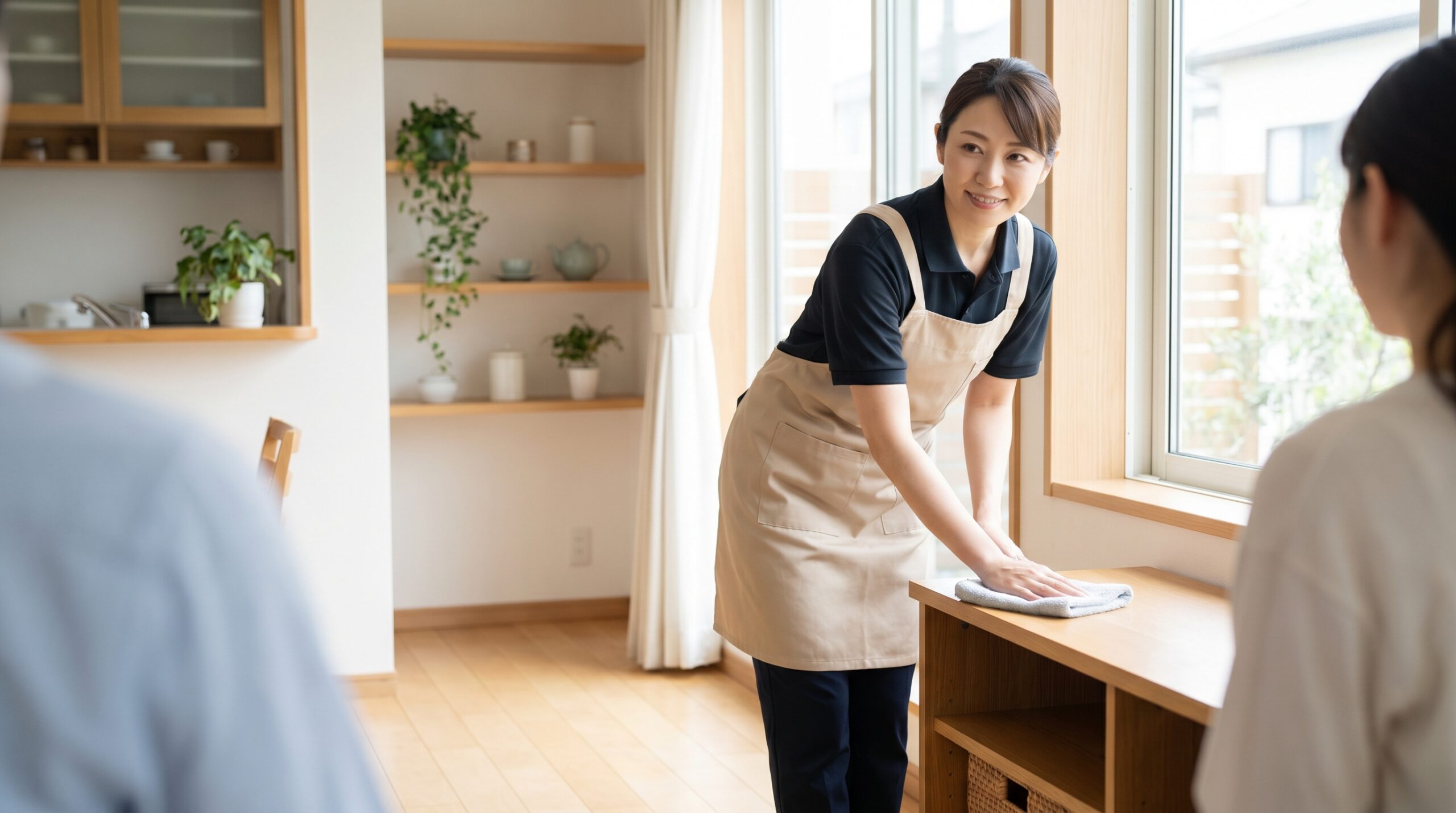 エプロン姿で丁寧に掃除する家事代行スタッフの日本人女性