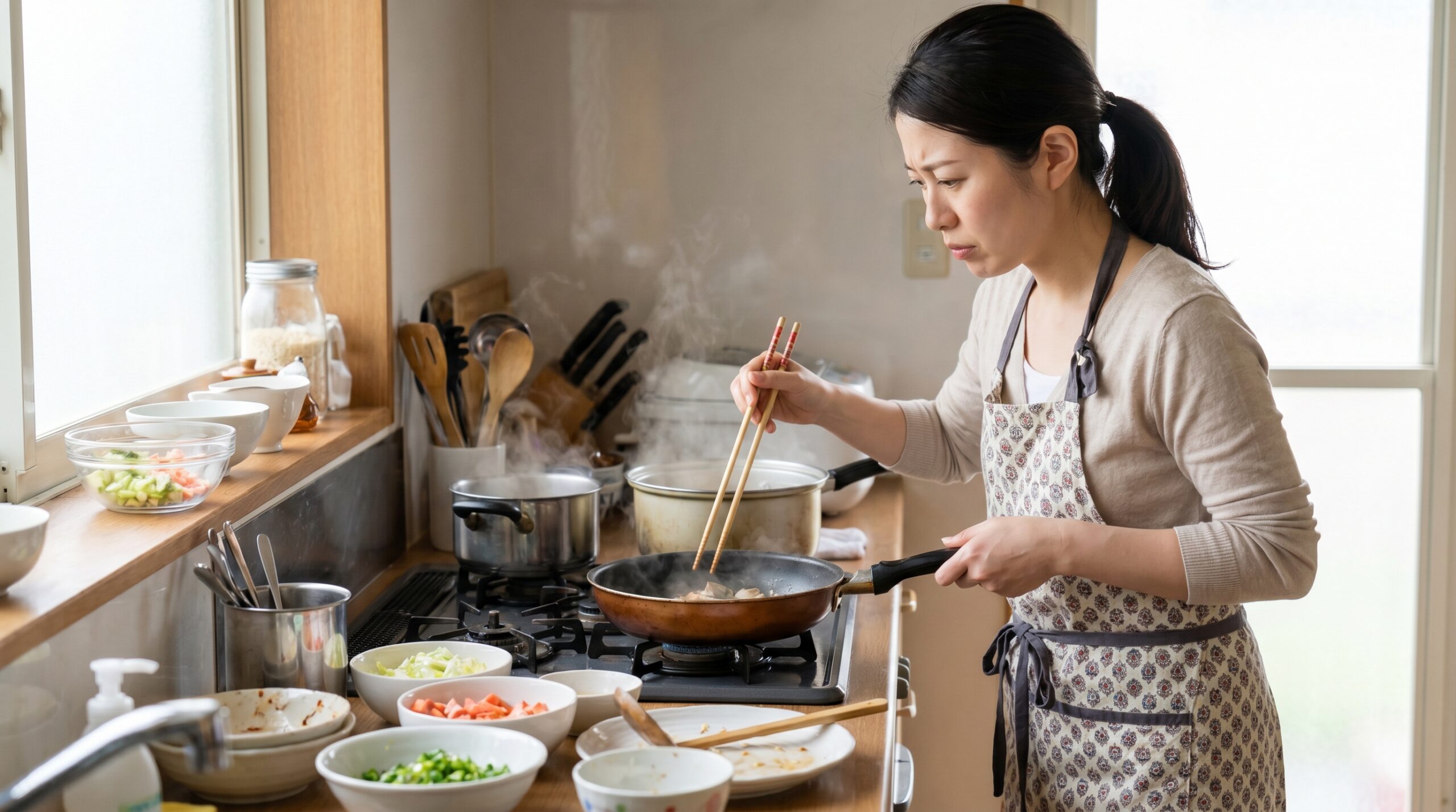 キッチンで複数の料理を同時に作る日本人女性