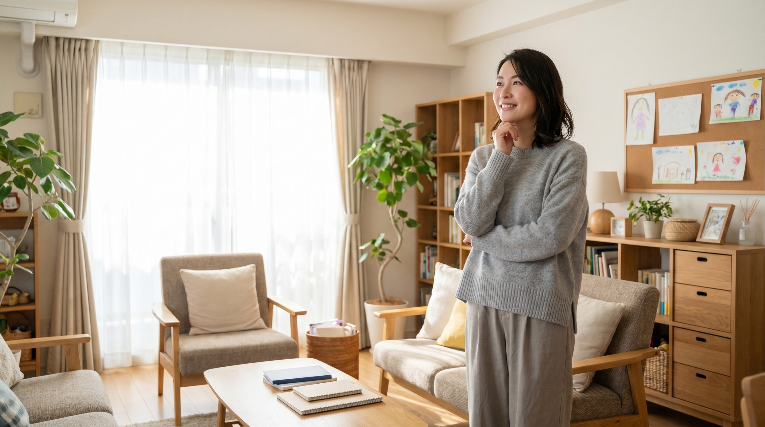 明るいリビングで家事代行の利用頻度を考える女性