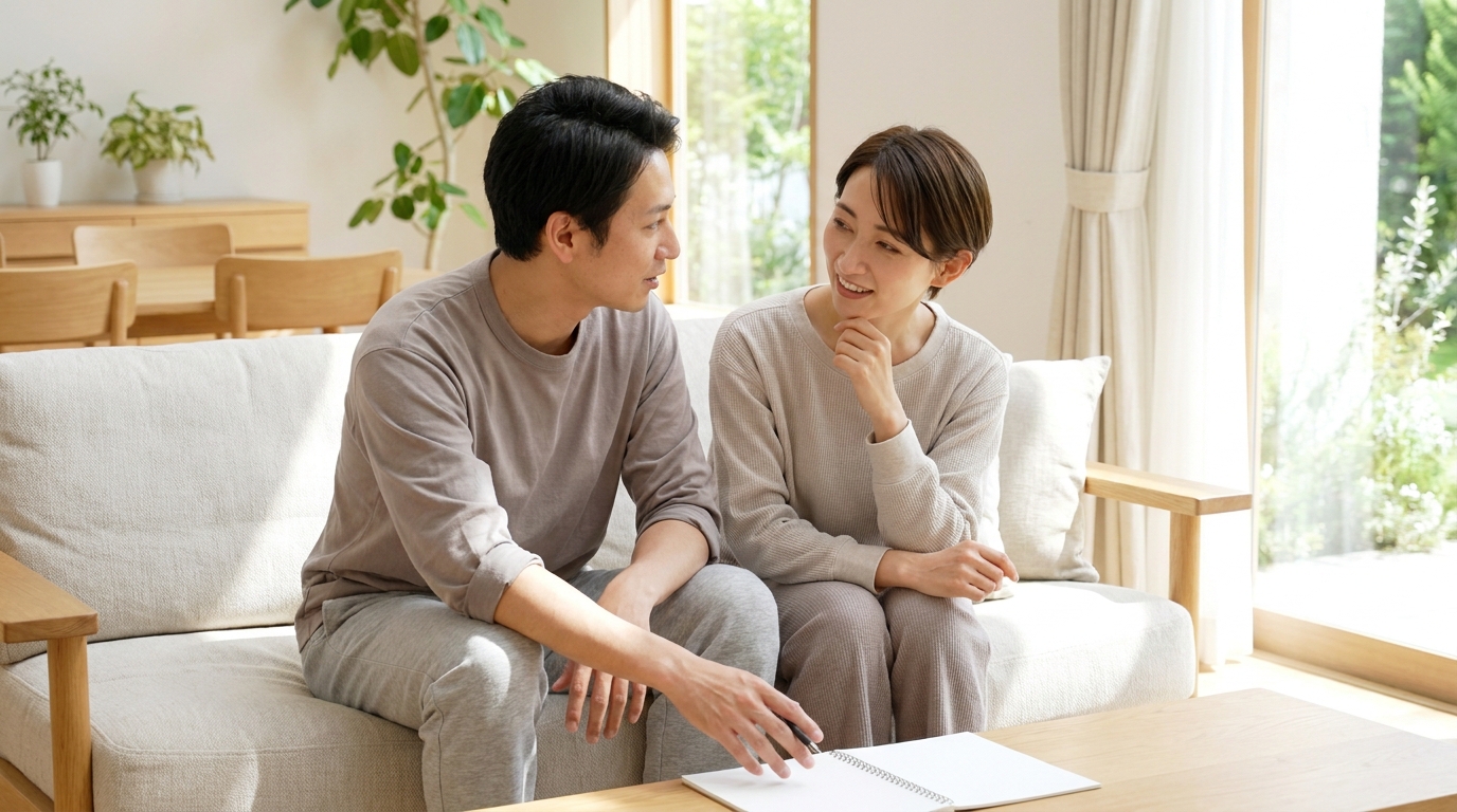 ソファで暮らしの相談を話し合う30代の日本人夫婦