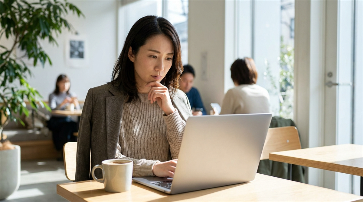 ノートパソコンで家事代行サービスを比較する女性