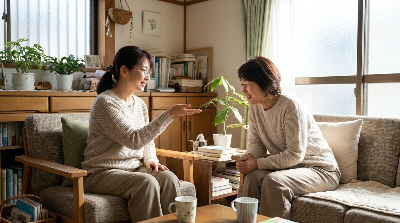 自宅で和やかに会話する二人の日本人女性