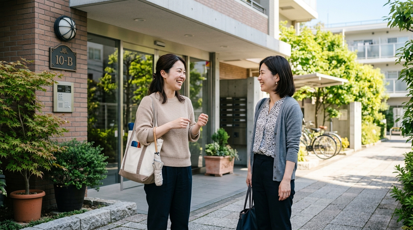 マンション共用部でママ友と立ち話する女性