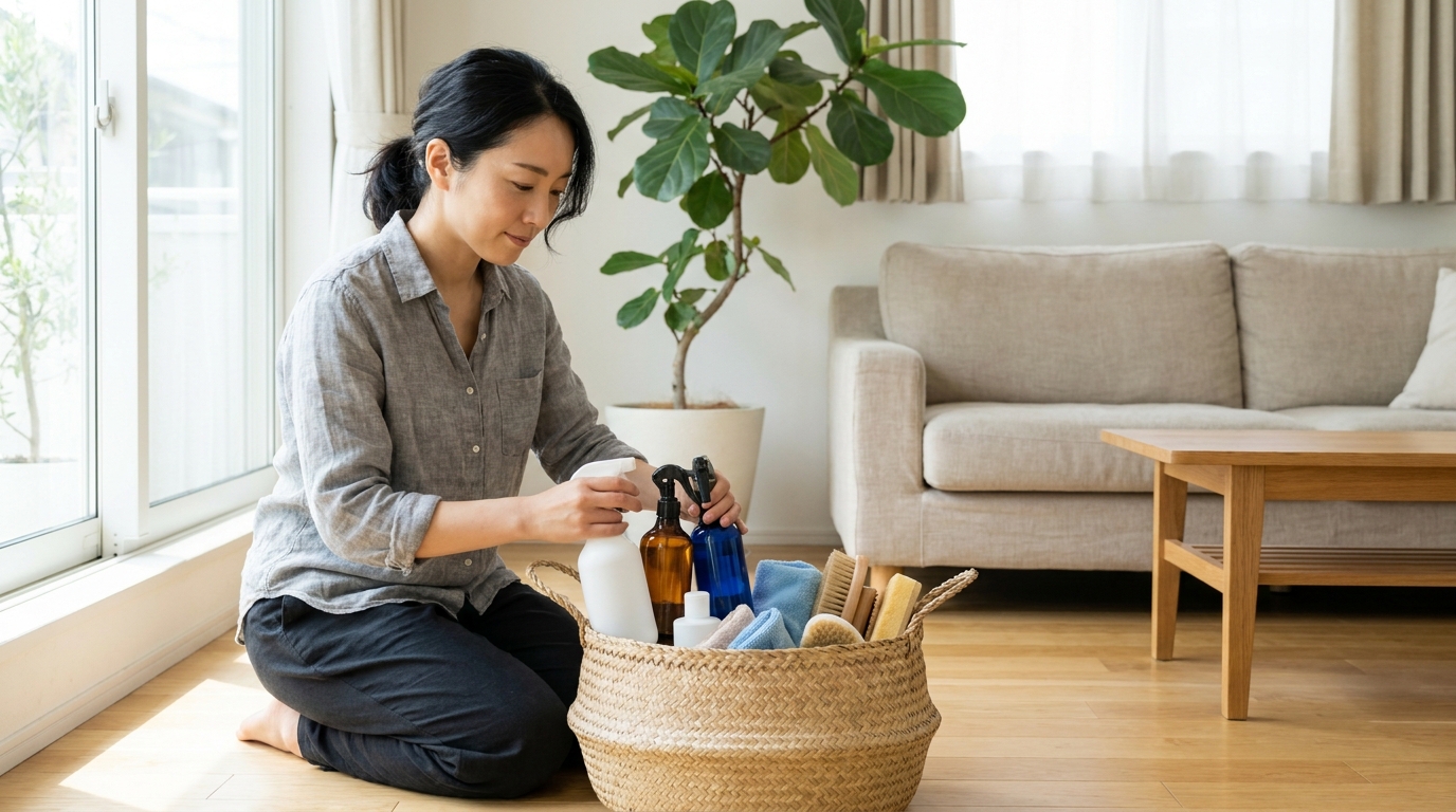 家事代行を頼む前に道具を準備する日本人女性