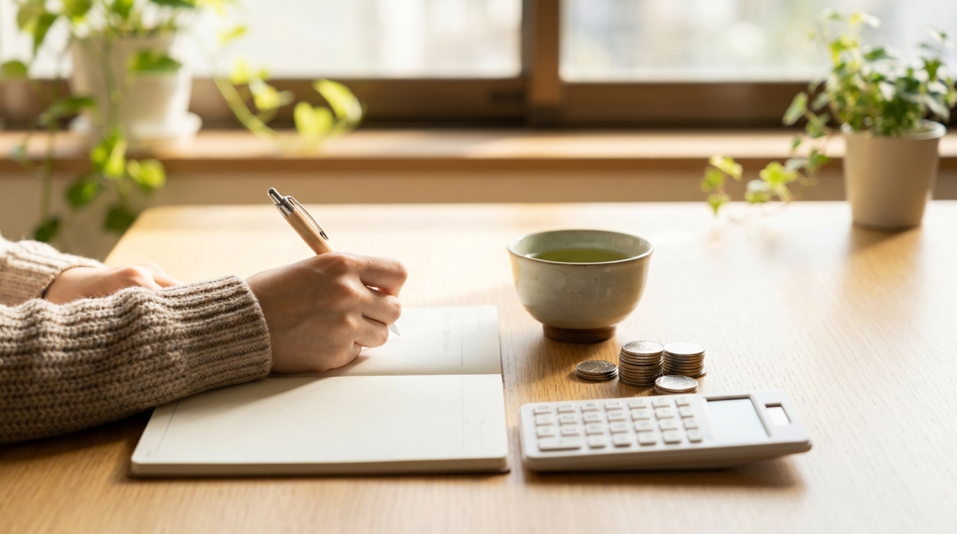 電卓とノートで料金を確認する手元とお茶