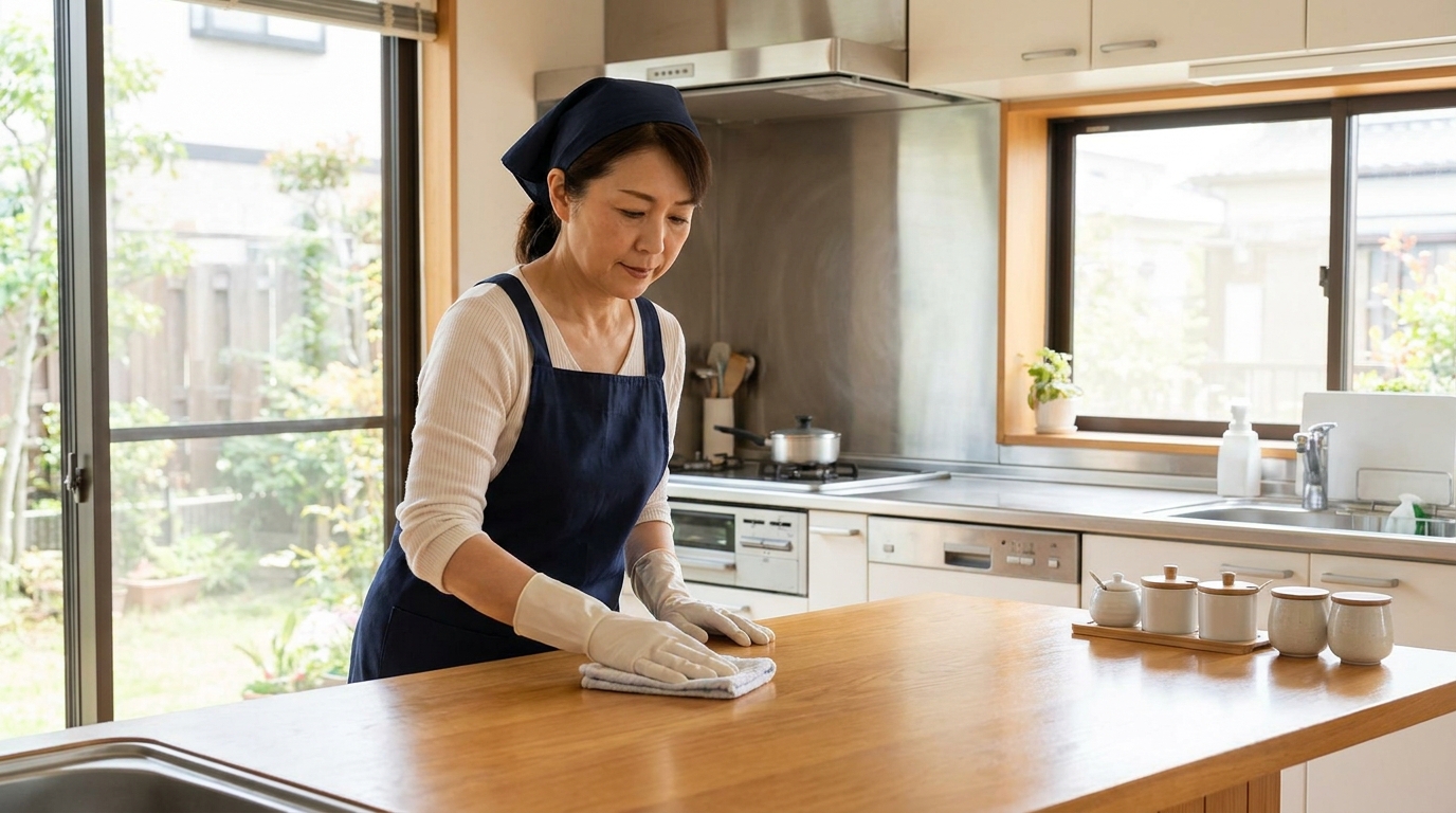 手袋をしてキッチンを丁寧に掃除するプロの家事代行スタッフ