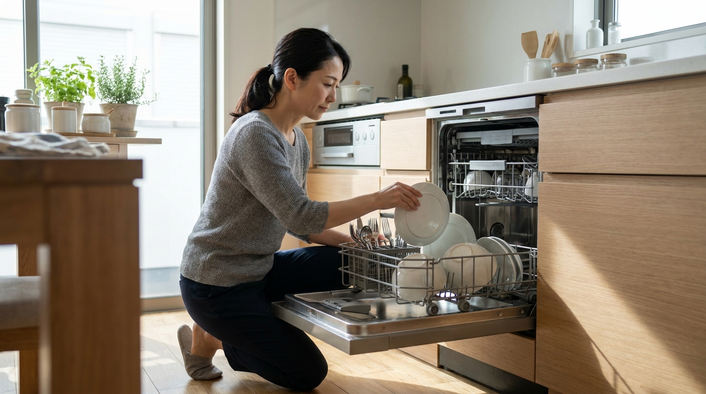 食洗機に食器をセットする日本人女性