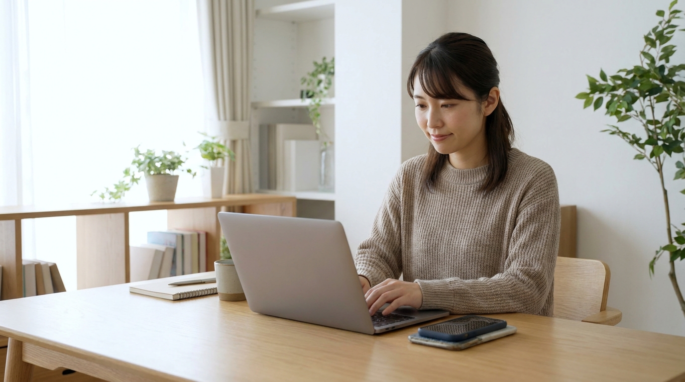 ノートパソコンでベアーズの申込フォームにクーポンコードを入力する女性