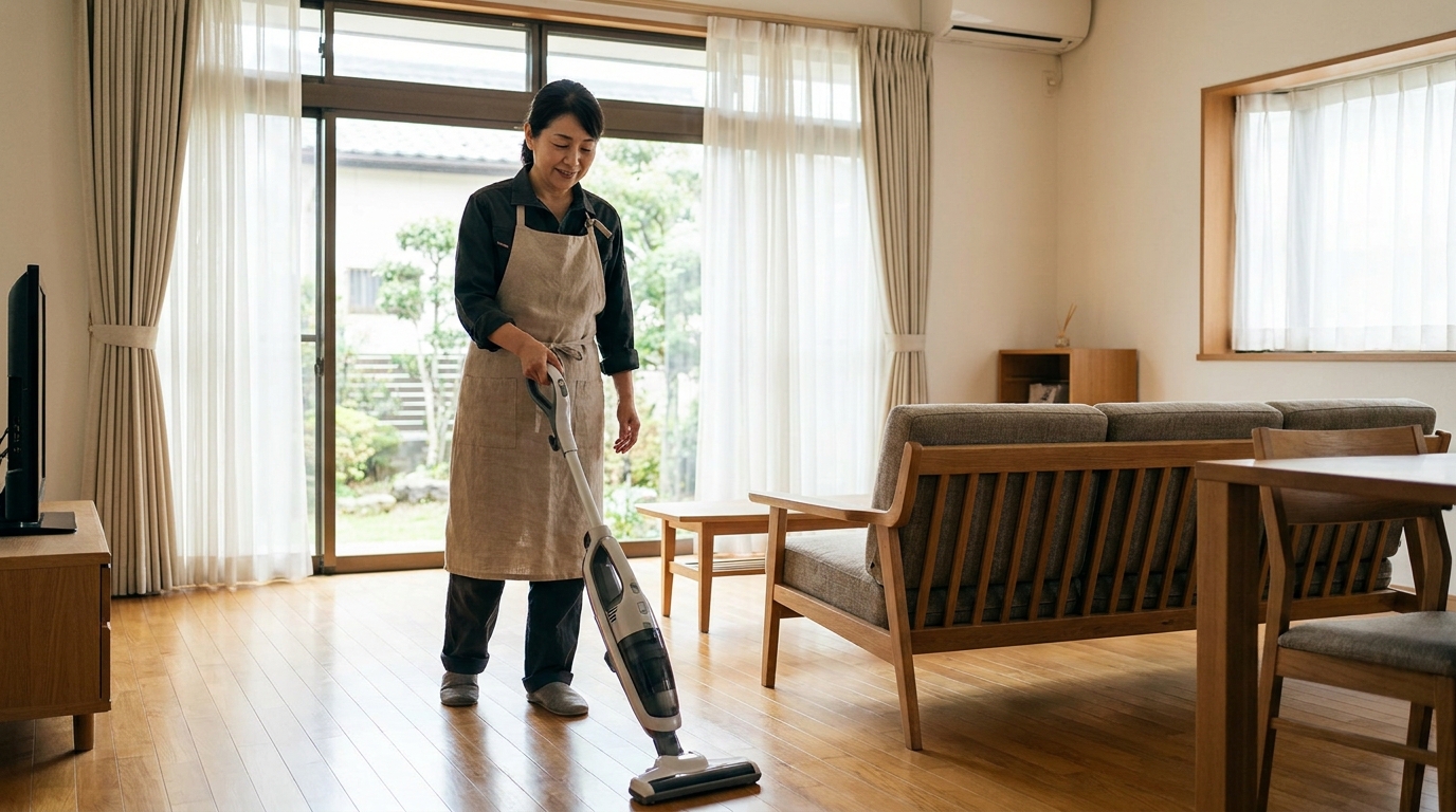 リビングで掃除機をかけるキャットハンドの家事代行スタッフ