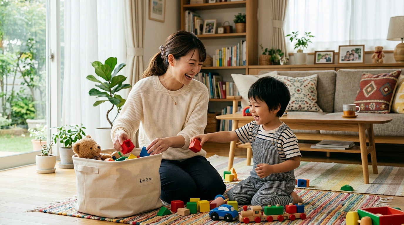 子どもと一緒に楽しくお手伝いをする母親