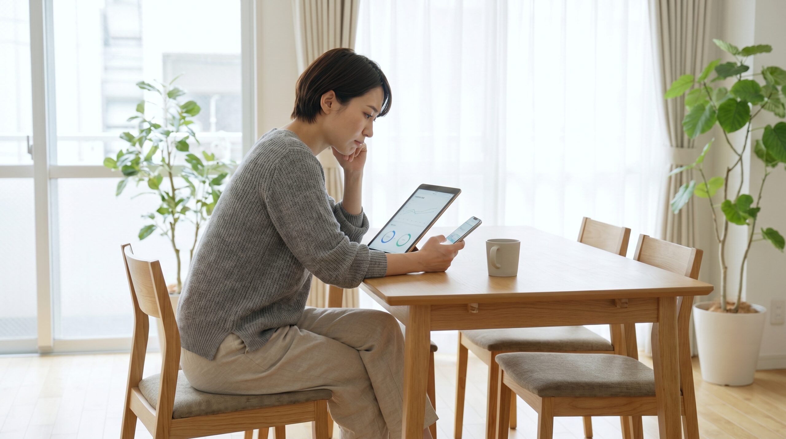 タブレットとスマホで家事代行サービスを比較する女性