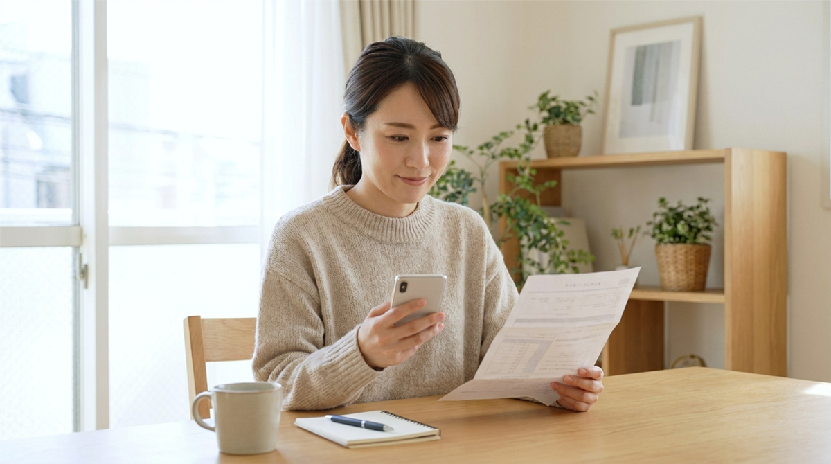 机でスマートフォンと書類を確認する女性