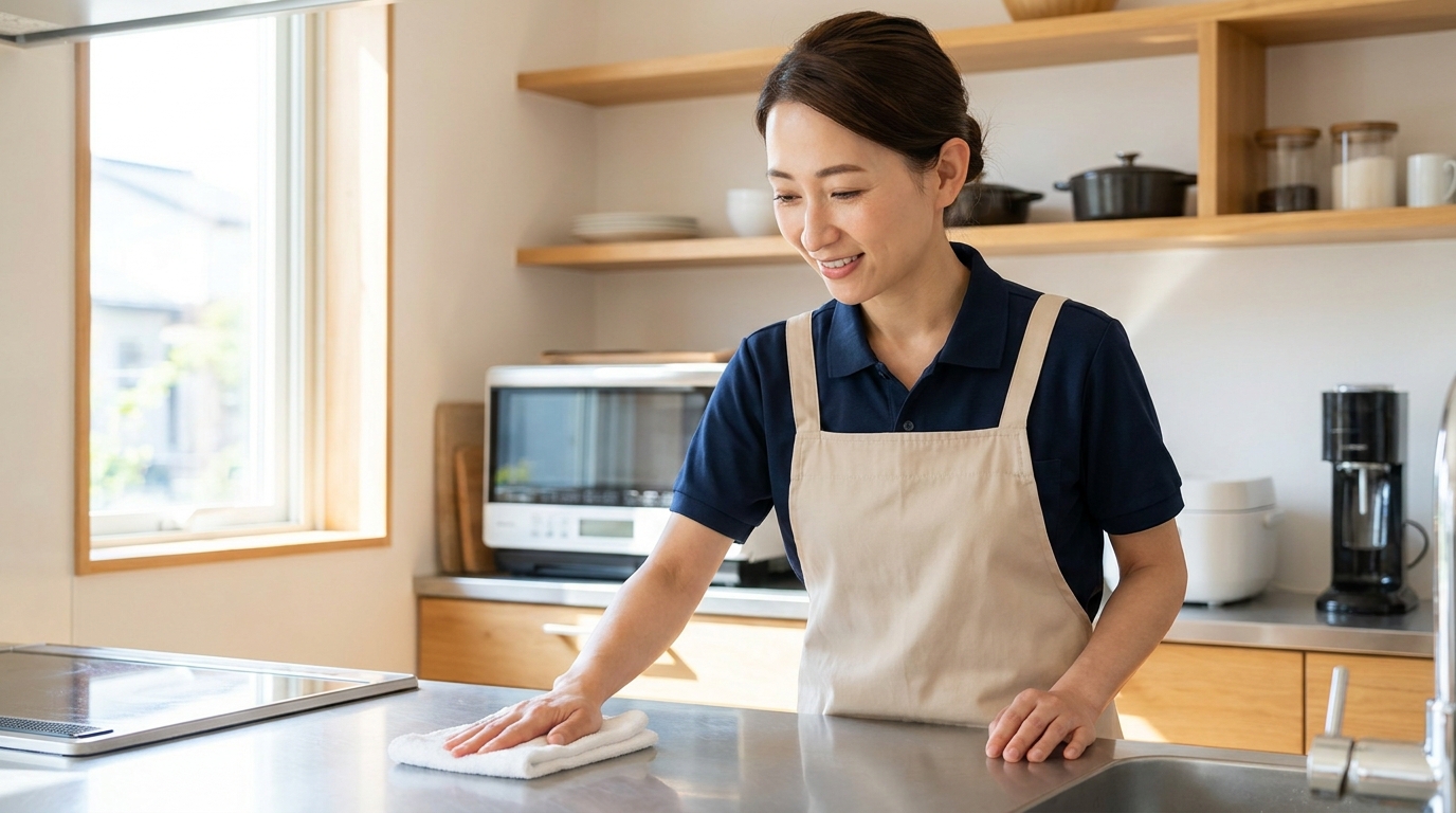 キッチンを清掃する家事代行スタッフの日本人女性