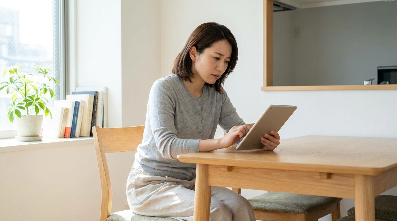 タブレットで家事代行サービスを見比べる日本人女性