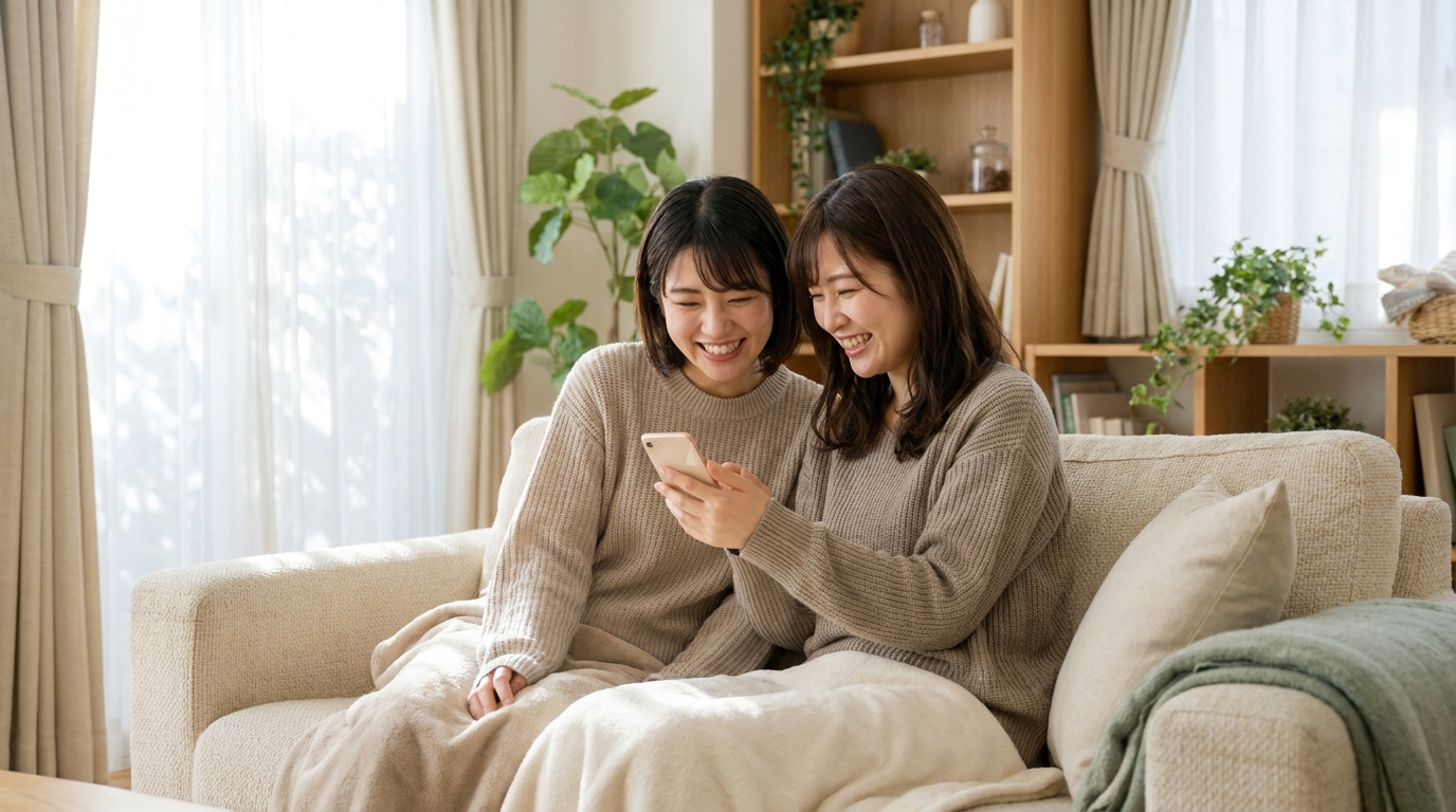 スマートフォンを一緒に見る友人同士の女性