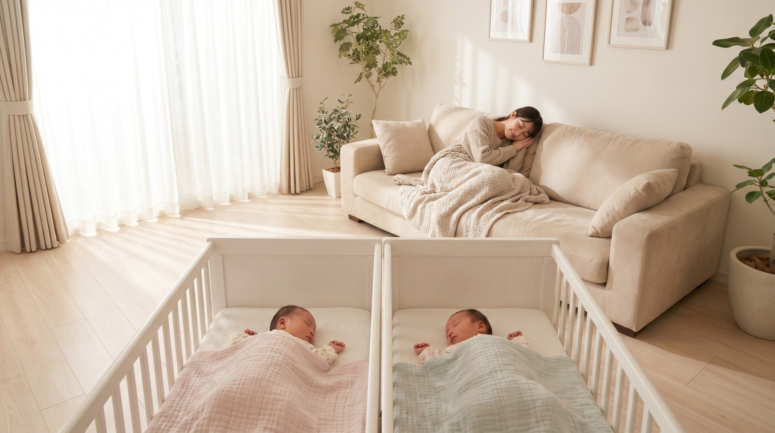 赤ちゃんが眠る横で休息を取る三つ子育児の日本人の母親