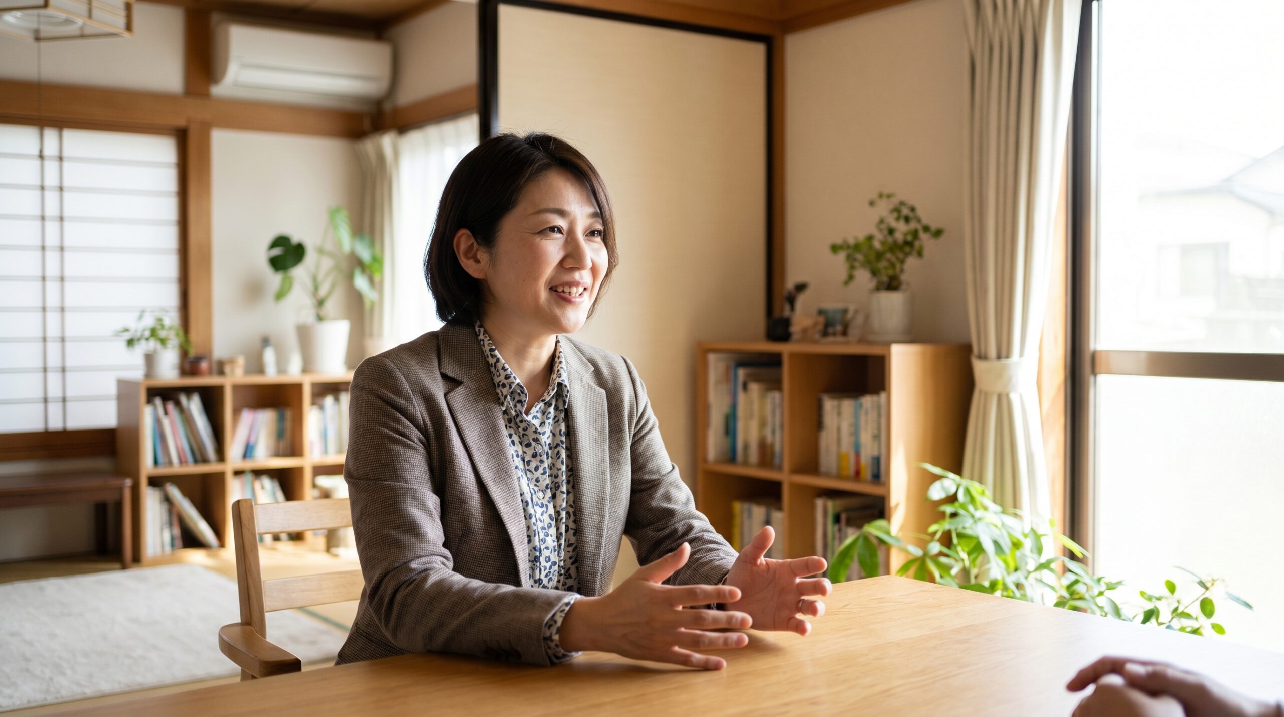 面接で笑顔ではきはきと話す日本人女性