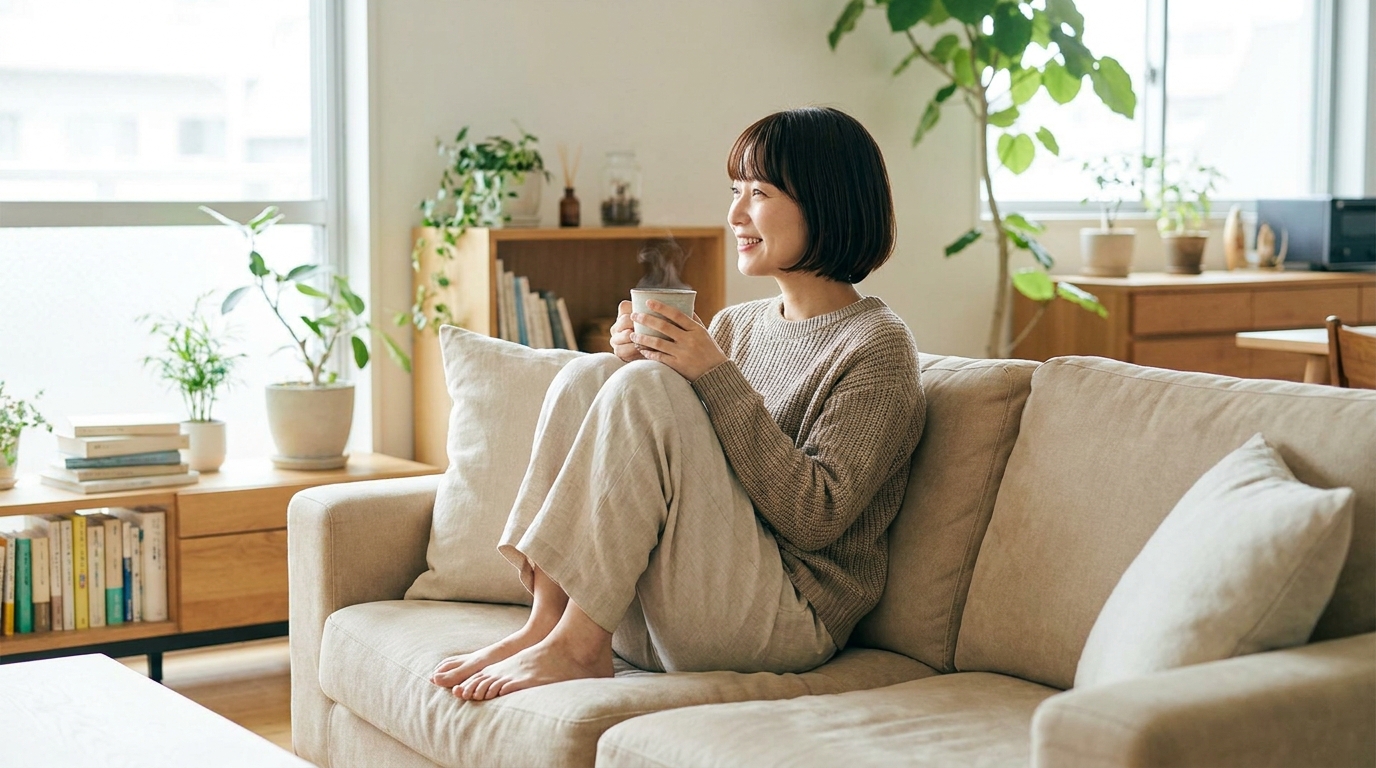 片付いたリビングのソファでくつろぐ女性