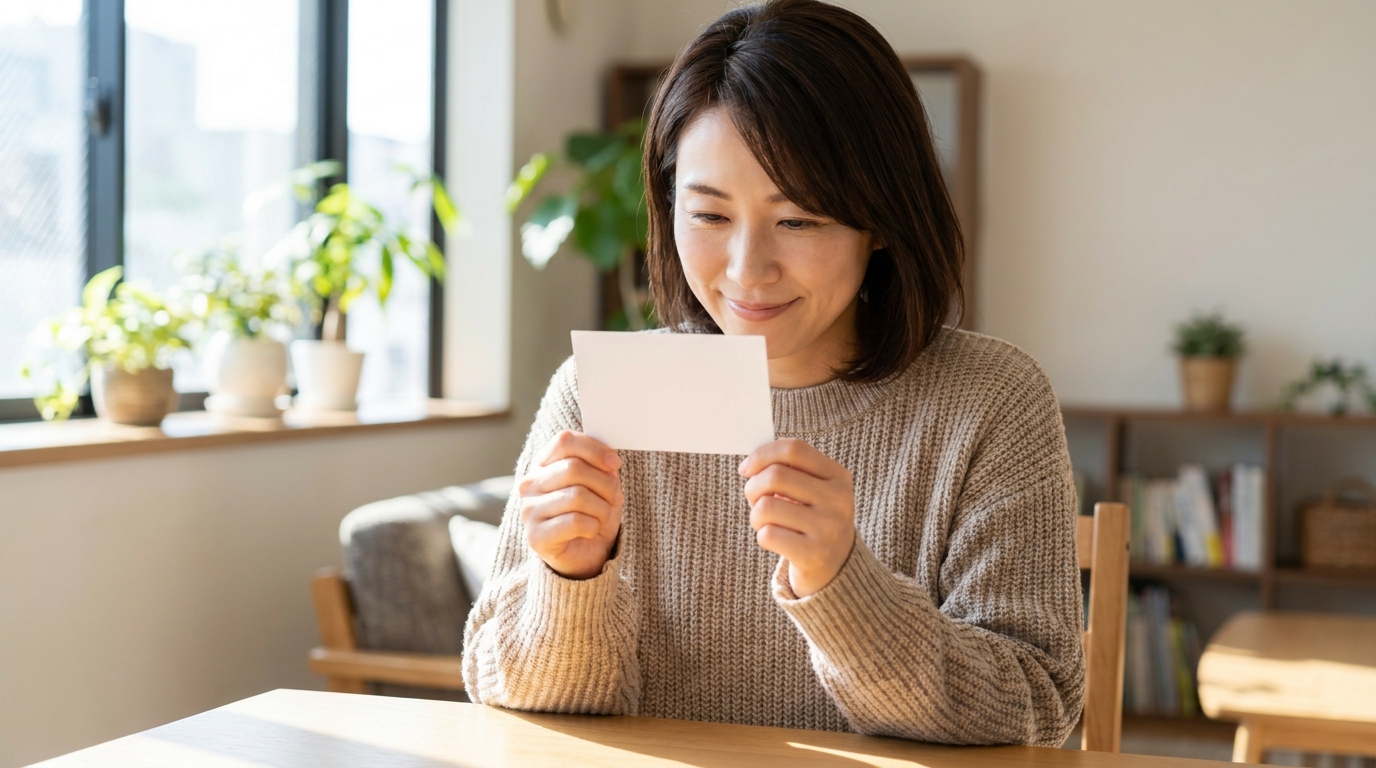 自宅で会員カードを手に優待を確認する女性