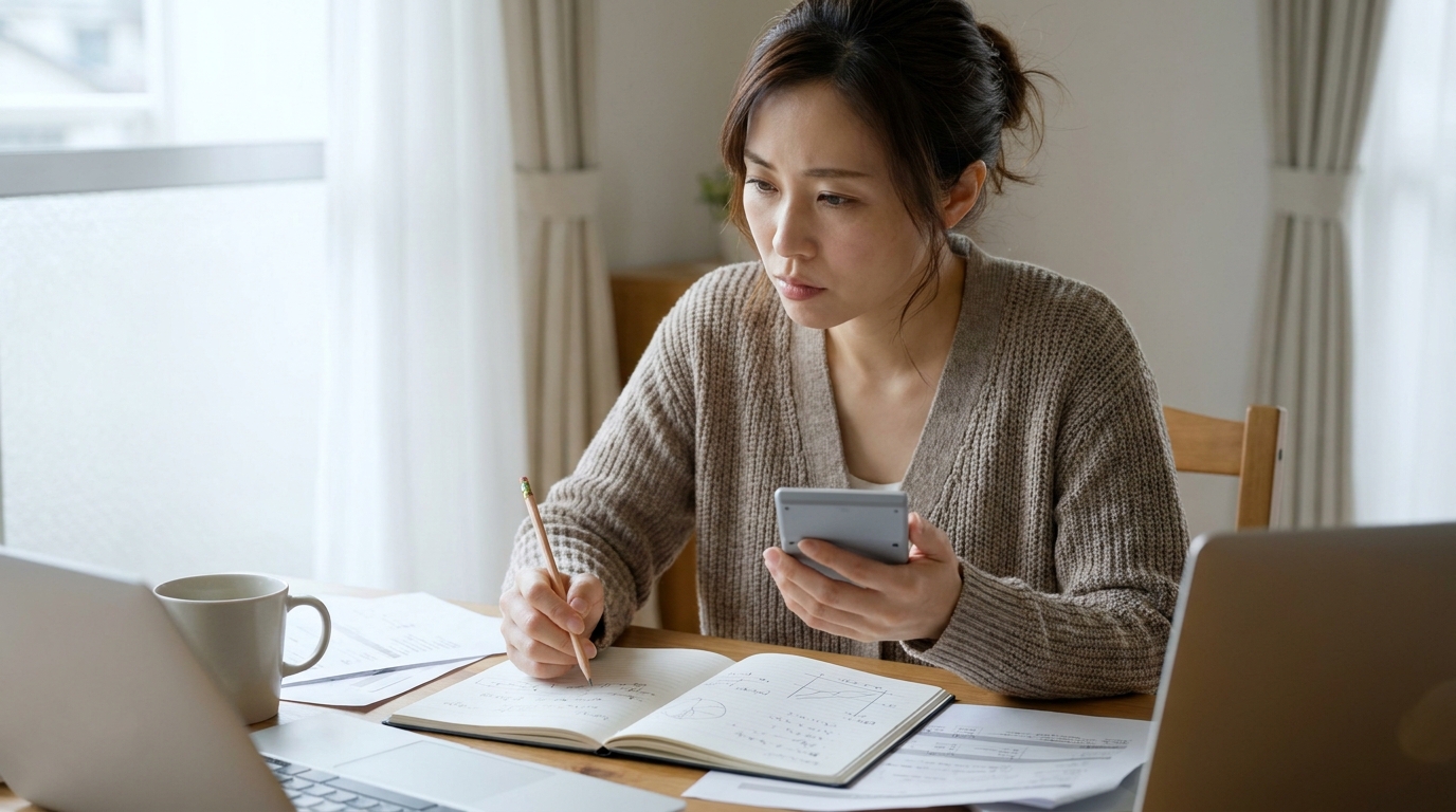電卓とノートで割引を比較検討する女性