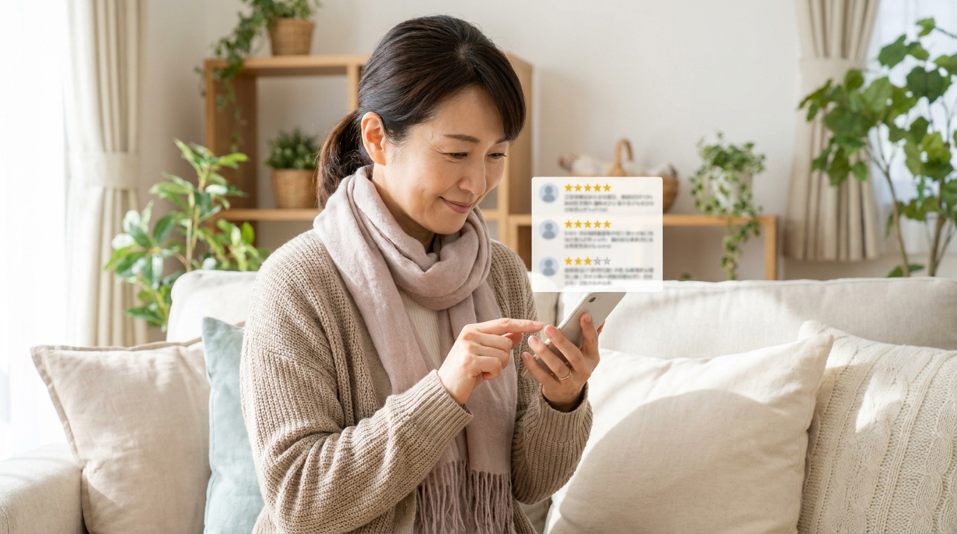 スマートフォンで口コミや評判を確認する女性