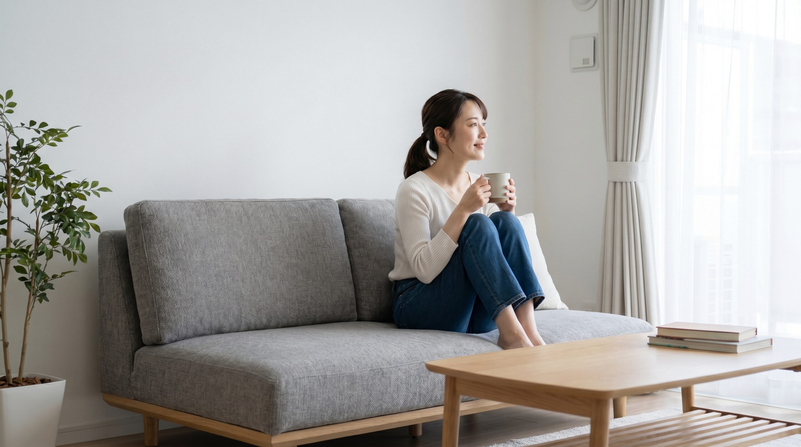 片付いたリビングでお茶を飲みくつろぐ日本人女性