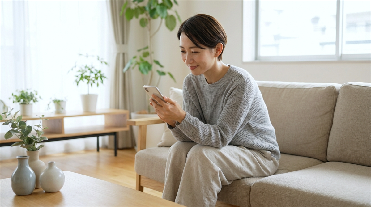スマートフォンでクーポンを探す女性