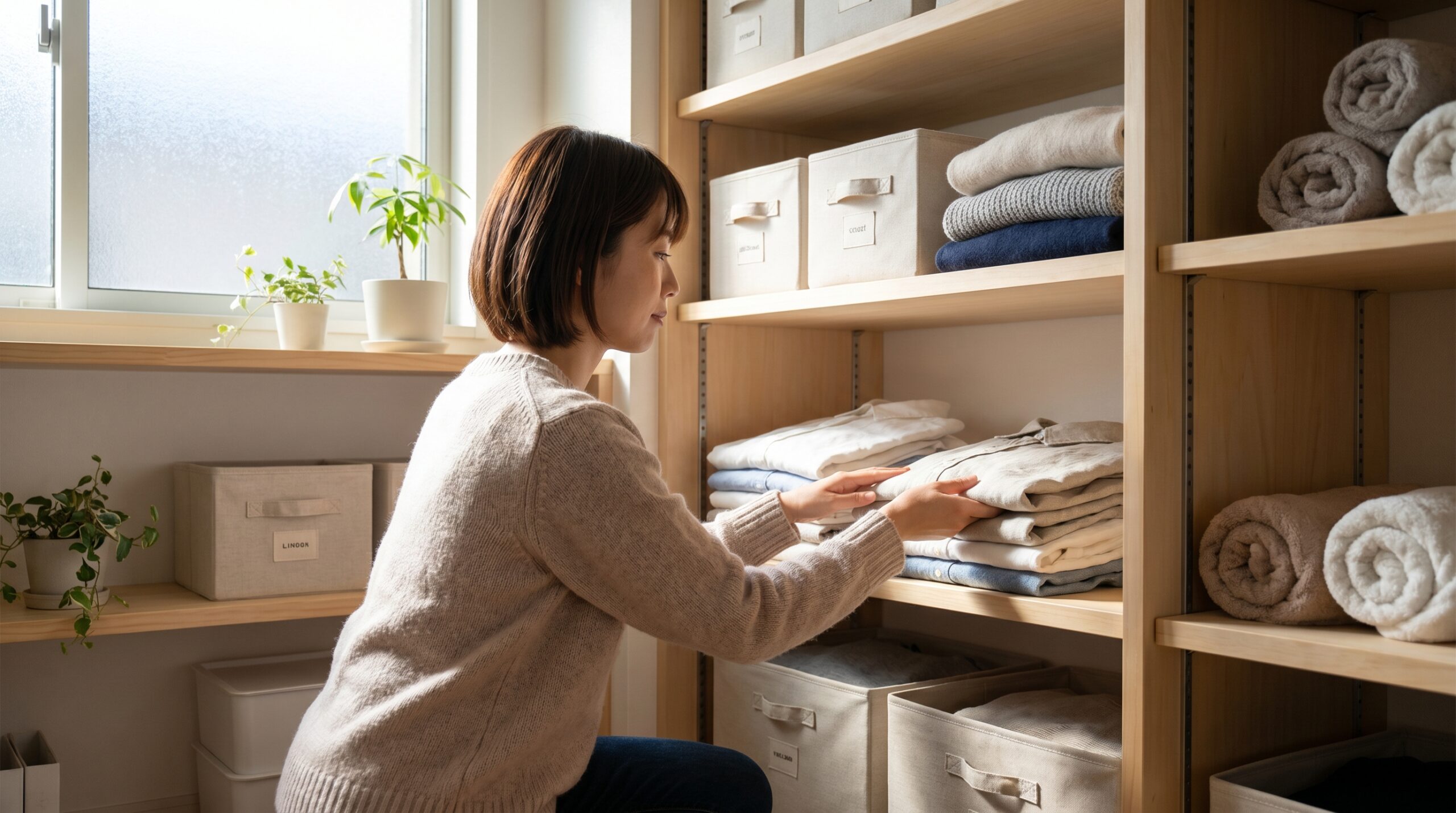 棚で衣類を整理整頓する日本人女性