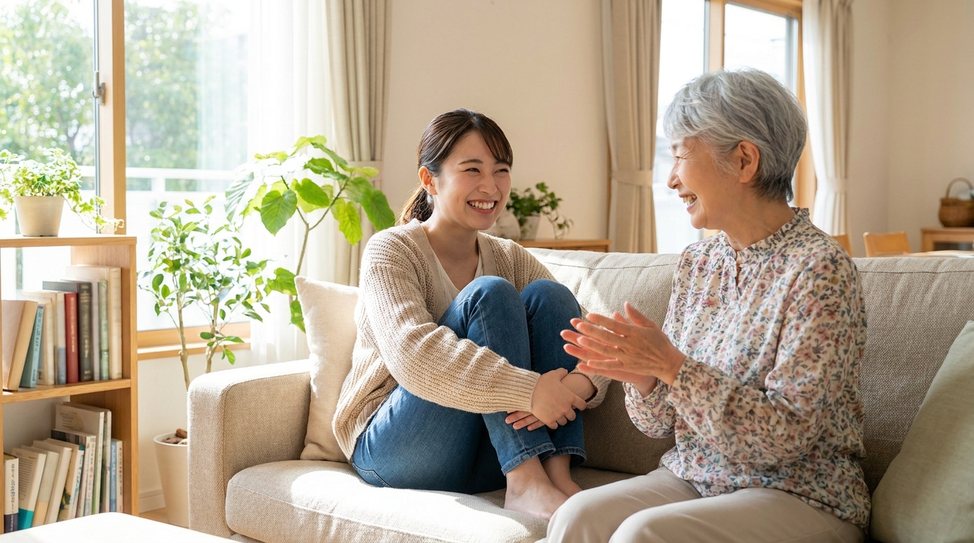 ソファでくつろぎながら会話する利用者ときらりさん